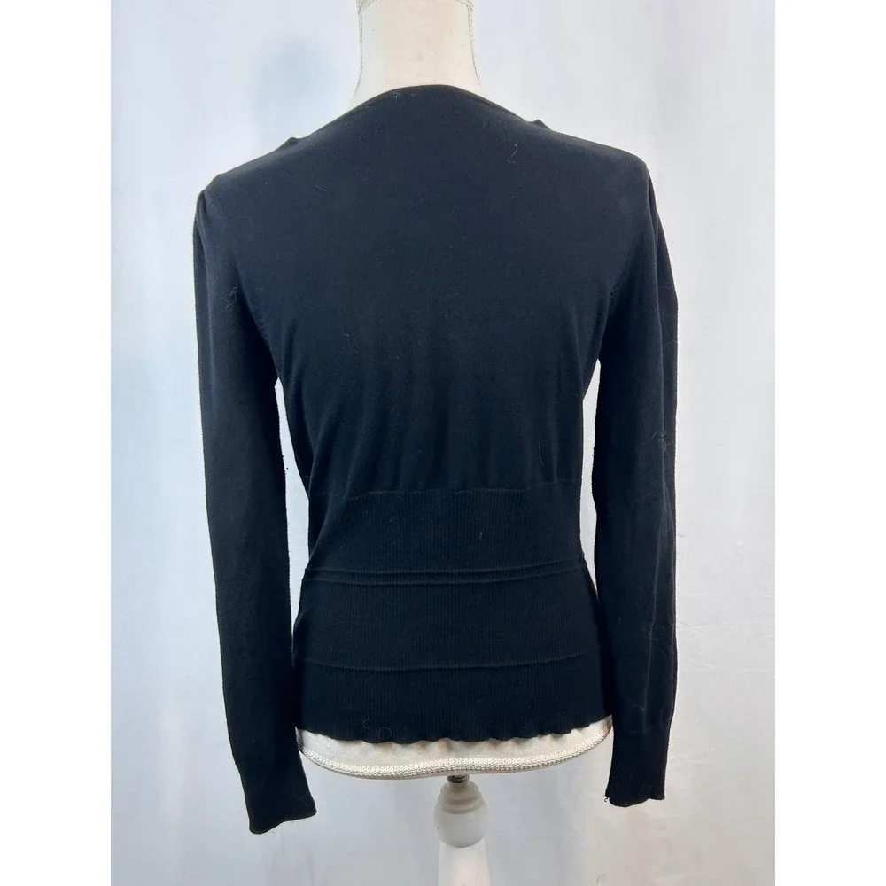 Tracy M Womens Black Beaded Sequin Cardigan Sweater Scoop Neck Ribbed Size M